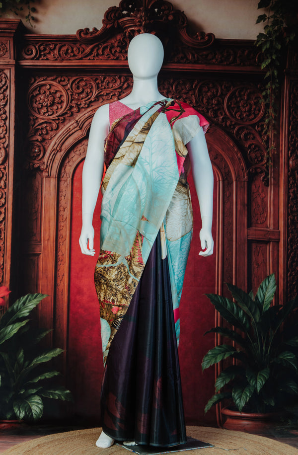 Lightbox Flower Satin Chic Party Saree in Burgundy
