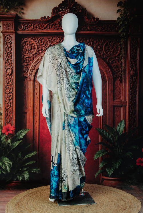 Elegant Printed Bamberg Satin Saree in Opal Grey - Opal Grey - view 1
