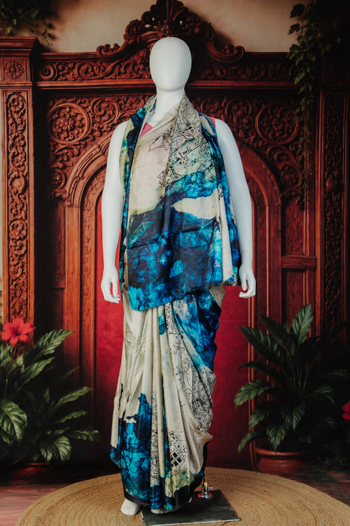 Elegant Printed Bamberg Satin Saree in Opal Grey - Opal Grey - view 2