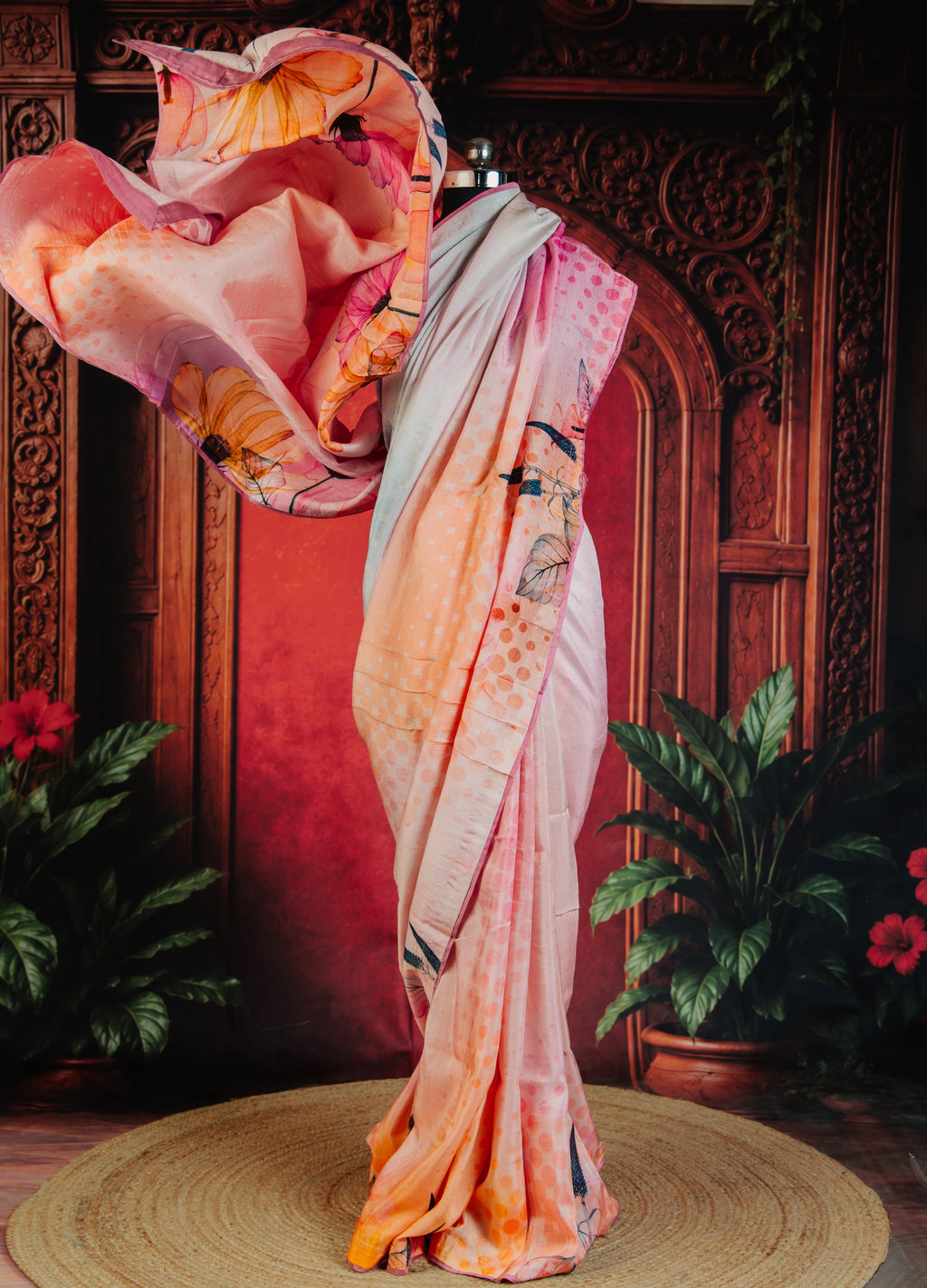 Floral Charm Shimmer Saree in Pink - Pink - view 1
