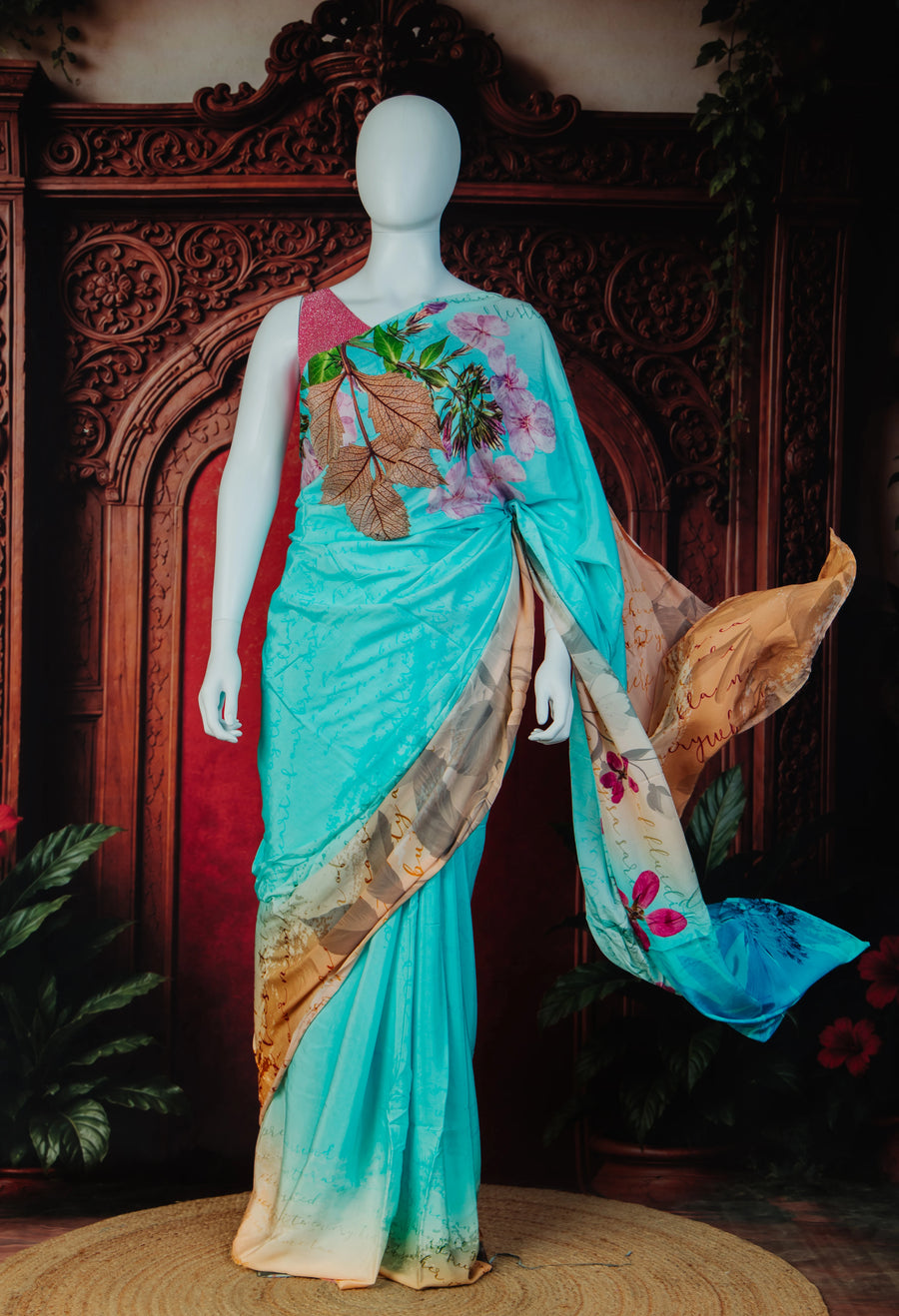 Folklora Florals Charm Saree in Sand Beige
