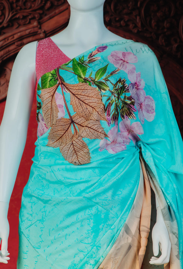 Folklore Florals Graceful Everyday Luxe Saree in Sky Blue - Sky Blue - view 1