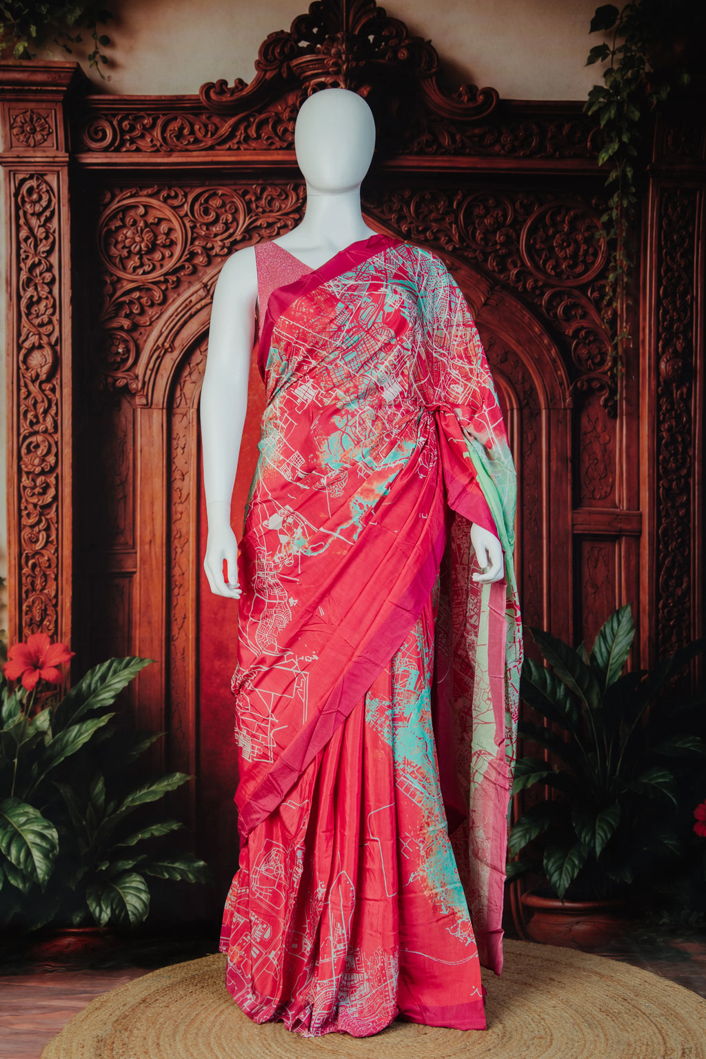 Geo Art Scarlet Timeless Modern Classic Saree in Red - Red - view 2