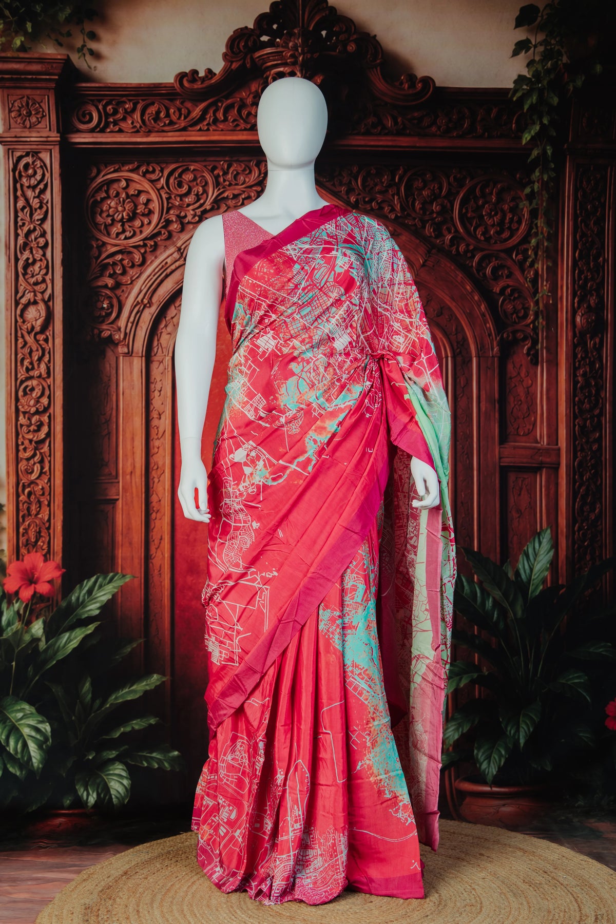 Geo Art Scarlet Timeless Modern Classic Saree in Red - Red - view 2
