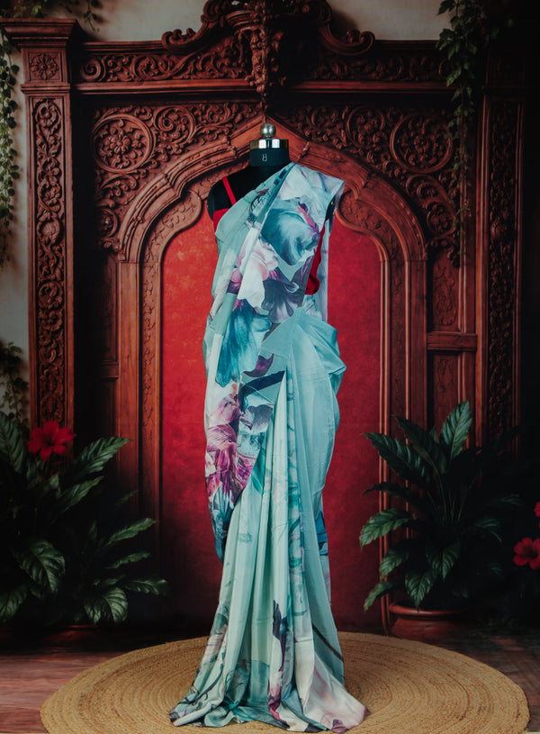Light Box Flower Crepe Saree in Grey